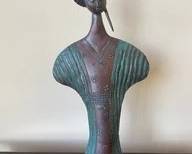 Metal Green & Brown Asian Woman Wearing Traditional Clothing With Floral Pattern Sculpture A28
