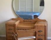 Vintage/Antique "Waterfall" Art Deco Dressing Table W/ Round Mirror And Chair D37
