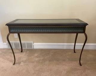 Sofa/console Table With Forged Iron Legs, Glass Top In Wood Frame, Pressed Tin Skirt, And Verdigris Finish L21