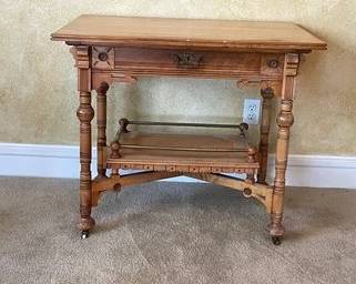 Antique Victorian Eastlake Style Table W/ Nicely Carved Details & Brass Casters B65
