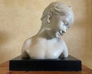 Vintage Ceramic Bust Of Young Smiling Girl Repro Of French Sculptor Jean-Baptiste Pigalle W Black Wooden Base
