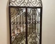 Ornate Hinged "Iron Gate" Wall Mirror With Antique Copper Finish & Arched Top D5