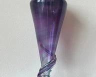 Large Art Glass Purple Swirl Footed Suspended Vase, Held By Glass Ribbon L109
