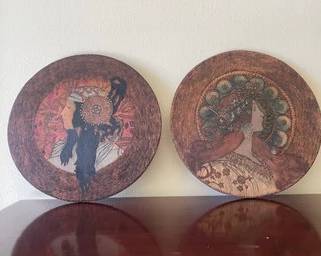 Antique 1902 Art Nouveau Wooden Carved & Stained Pair Of Pyrographic Cameo Wall Portraits Signed By Artist L26
