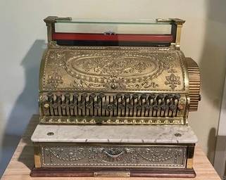 Antique Brass National Cash Register Model #356 With Marble Top, Numerical Pop-up Indicator, & Oak Base D1
