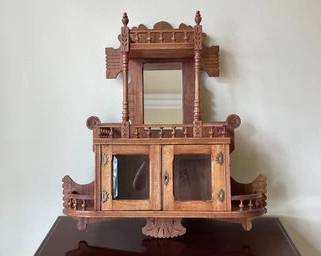 Antique (1880) Eastlake Wall Cabinet W/ Beveled Glass Doors & Original Brass Hardware L54
