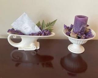Two Greek Roman Pottery Decorations With Purple Candle, Faux Flowers, & Perfume Sachet A20
