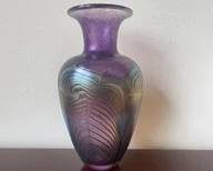 Large Robert Held Handmade Art Glass Vase With Purple Feathered Design & Signed Original Paper Label L104