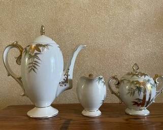 Lot Of Vintage Bamboo Patterned Japanese Craftsman China Hand Painted Coffee Pot W/ Lidded Sugar & Creamer B34
