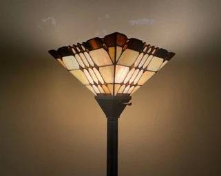 Tiffany Style Torchiere Floor Lamp With Heavy Square Base, Pewter Clean Finish, & Amber Glass Accents L81
