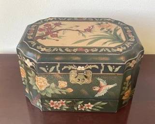 Large Jewelry Box With Velvet Lining, Asian Floral Design, Removable Tray, Mirror, And Brass Closure