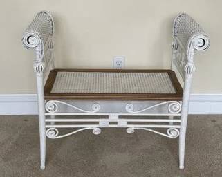 Heywood Wakefield - Antique White Woven Wicker Bench W/ Wood Trim A2