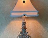 Cast Resin Table Lamp With Washed Gold Finish, Silk Shade Embellished With Fossilized Shells & Pleats B79
