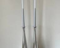 Pair Of Ceramic Silver Candle Holders With Drip Cups & Tapers L116