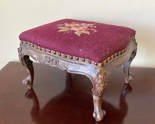 Antique Victorian Walnut Footstool W/ Needle Paint Top L37

