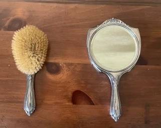 (2pc) Antique Vintage Silver Plate Mirror & Natural Bristle Brush F49
