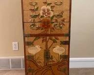 Antique Asian Two Piece Chest With Floral And Crane Details, 4 Drawers & Lower Doors L23
