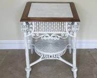 Heywood Wakefield - Antique White Woven Wicker Side Table W/ Wood Frame A1
