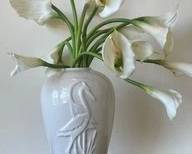 White Vase With Crane Design And White Faux Flowers A33