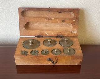 Antique Brass Apothecary Scale Weights In Wooden Box A30