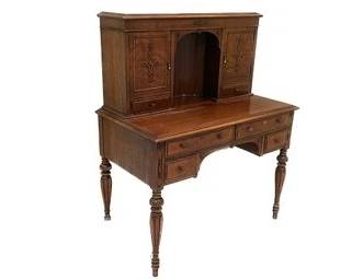 Antique/vintage Curved Back Walnut Writing Desk W/ 6 Drawers, Carved Details, & Original Brass Hardware B63

