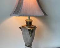 Vintage Brass & Enamel Table Lamp With Lovely Beige Silk Shade L78
