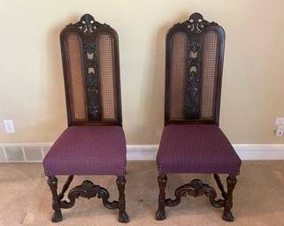 Pair Of Antique High Walnut Chairs With Cane Back, Carved Feet & Stretchers & Purple Aubergine Cushion L4
