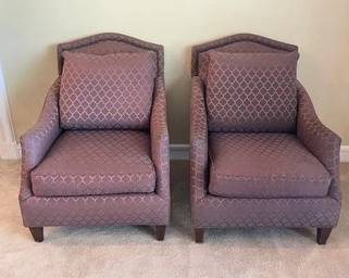 Pair Of High Quality Easy Chairs With Loose Cushions, Brad Details, Curved Arms, And A Poly Copper Fabric L6