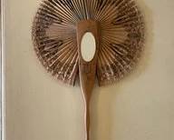Made In Italy Antique Ladies Paper Fan W/ Beveled Mirror & Sorrento Ware Inlaid Wood Handle B57
