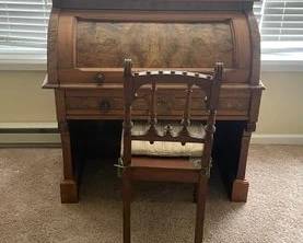Antique Victorian Solid Walnut Cylinder Top Desk & Chair W/ Eastlake Details D38

