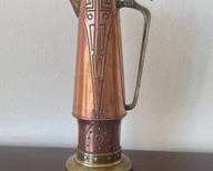 C. 1900 Antique German Art Nouveau Hammered Copper Carafe W/ Brass Base, Handle, Lid, & Spout L129
