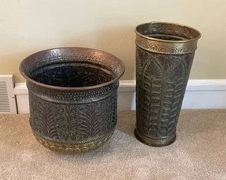 Two Handmade Brass/Copper Vase & Umbrella Holder L47
