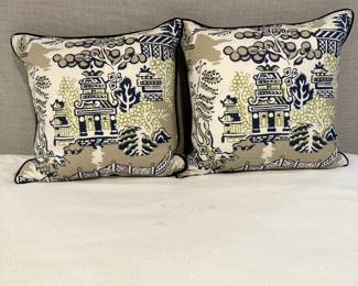 Japanese motif pillows with navy velvet piping, down filled (Nell Hills), slipcovered.