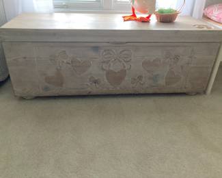 White washed carved pine chest by Oklahoma artist