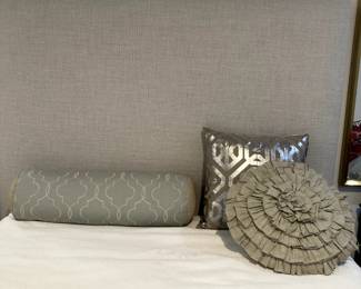 Gorgeous Athena Mist 28" down filled bolster pillow. Lovely Lacefield down filled metalic linen pillow. Darling soft silver/gray metalic floral-shaped accent pillow, down filled.