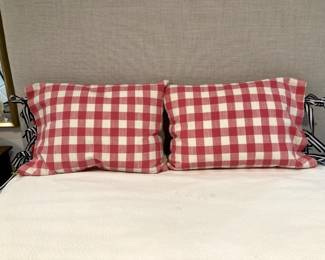 Darling pink linen check with three blue and white ribbon closure