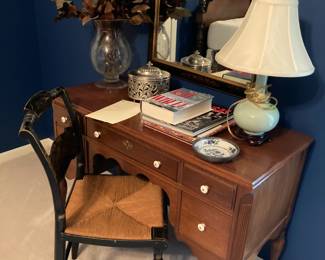 Ladies desk with turned legs from the 1930's. Lovely Hitchcock chair with rush seat