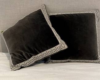 Gorgeous gray velvet pillows with Roman key border by Ryan Studio, down filled and slipcovered