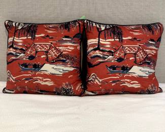 Stunning Japanese motif linen pillows with blue linen  piping, down filled (Nell Hills), slipcovered.