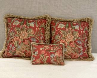 Gorgous floral pillows with eyelash trim, down filled. slipcovered.