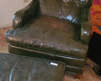 Vintage Dark Green Leather Chair and Ottoman