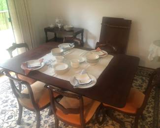 Double Pedestal Dining Room Table with Two Leaves & Chairs