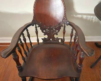 VICTORIAN CHERRY WOOD ROCKING CHAIR WITH FIGURAL CARVED DOLPHINS