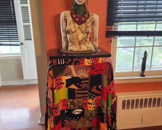 (HOLY GRAIL) 1940'S PORCELAIN CERAMIC FROM ORIGINAL STUDIO NATIVE SCULPTURE WITH PEDESTAL & MARBLE TOP AND NATIVE CLOTH SIGNED WOODROW NASH HIM SELF. LOOK HIM UP! VERY HEAVY