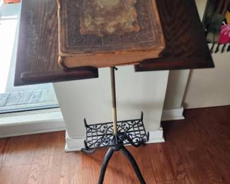 CIRCA 1800'S ADJUSTABLE BOOK STAND ALSO A 1858 LEATHER BOUND AND GILDED BIBLE