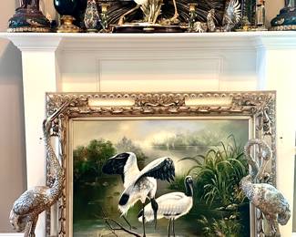 Cranes in pond oil painting