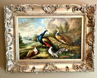 Large oil painting - peacocks and fowl