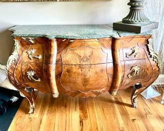 French Provincial Dresser with Green Marble Top and Brass Hardware (As Is with crack in marble top)