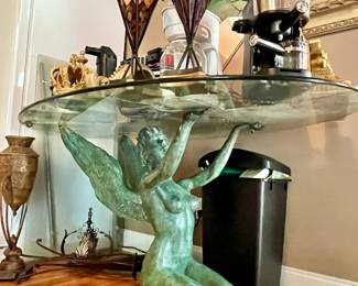 Stunning Bronze Angel Base Glass Top Table - Gorgeous green patina - Rare!