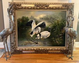 Cranes in pond oil painting